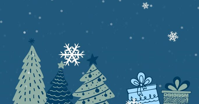 Animation of christmas trees and presents with snowflakes falling on blue background