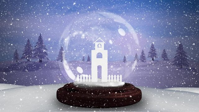 Animation of snow globe with church tower and winter scenery with snow falling in the background