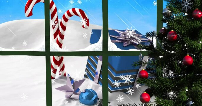 Digital animation of window frame and christmas tree against snow falling over christmas candy canes