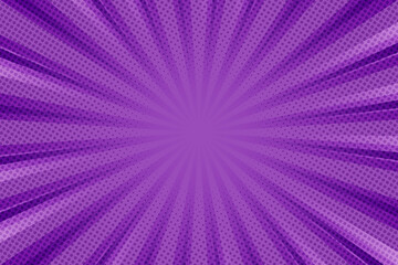 Pop art background for poster or book in purple color. Radial rays backdrop with halftone effect in comics style design.