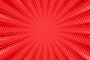 Pop art background for poster or book in red color. Radial rays backdrop with halftone effect in comics style design.