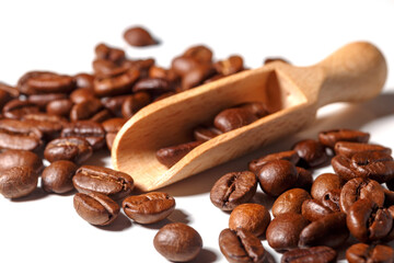 Heap of fresh roasted coffee beans isolated on white background as package design elements