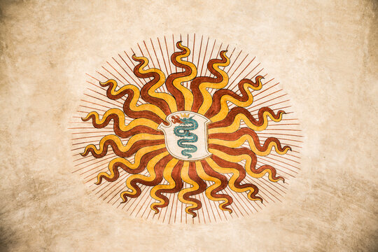 Europe Italian big city Milan Coat of Arms il Biscione Visconti Sforza on old retro vintage aged style texture yellow gray dirty wall around sun shine rays