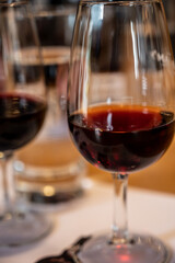 Professional tasting of different fortified dessert ruby, tawny port wines in glasses in porto cellars in Vila Nova de Gaia, Portugal