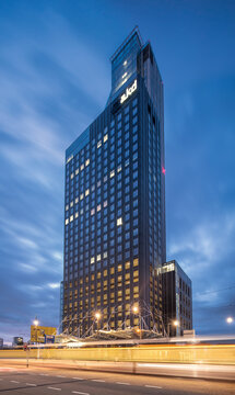 ROTTERDAM-JUNE 27, 2020. Modern architecture at Wilhelmina Square, Kop van Zuid. The redeveloped industrial docklands area of Kop van Zuid is home to a collection of striking architecture.