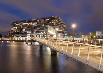 ROTTERDAM-JUNE 27, 2020. Modern architecture at Wilhelmina Square, Kop van Zuid. The redeveloped industrial docklands area of Kop van Zuid is home to a collection of striking architecture.