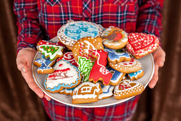 Christmas cookies, Christmas homemade cakes, holiday cookies in the form of Christmas trees, winter landscapes, preparing for a family dinner, home-made treats