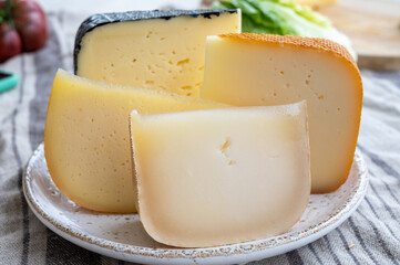 Cheese collection, French fol epi  cheese with many little holes, etorki, tomme noire des pyrenees and ossau iraty cheese