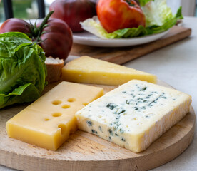 Cheese collection, French fol epi  cheese with many little holes, etorki, tomme noire des pyrenees and ossau iraty cheese