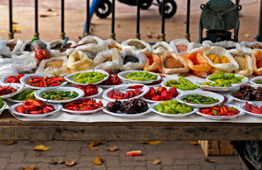 Assortment of chili peppers on marketplace