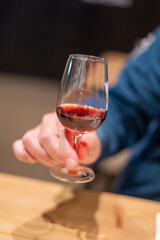 Professional tasting of different fortified dessert ruby, tawny port wines in glasses in porto cellars in Vila Nova de Gaia, Portugal