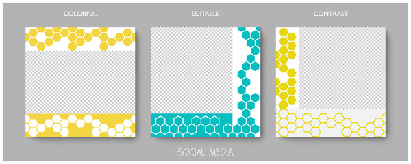 Social media editable post banner with hexagonal structure. Web banners for social media. Clear and simple colorful honey design, vector illustration.
