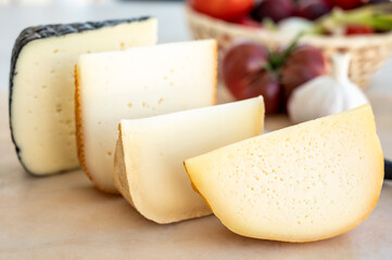 Cheese collection, French fol epi  cheese with many little holes, etorki, tomme noire des pyrenees and ossau iraty cheese