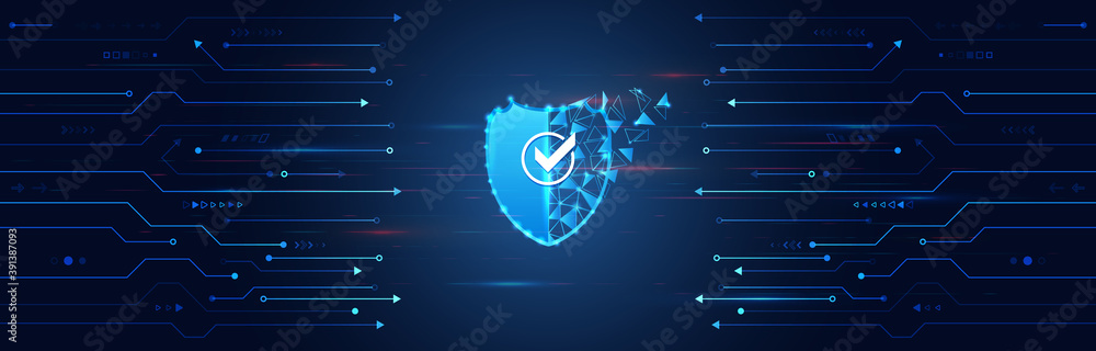 Leinwandbilder Cyber security and data protection. Shield icon, future technology for verification. Abstract circuit board. Data security system, information or network protection.