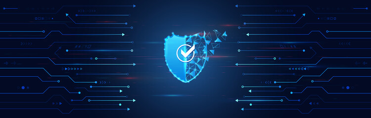 Cyber security and data protection. Shield icon, future technology for verification. Abstract circuit board. Data security system, information or network protection.