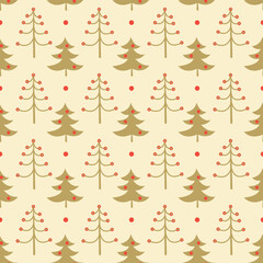 Seamless background with Christmas trees in gold color. Bright repeating texture for the Christmas season. Wrapping.