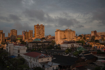 Aerial landscape of the central district of the city of Maputo, Mozambique during sunset