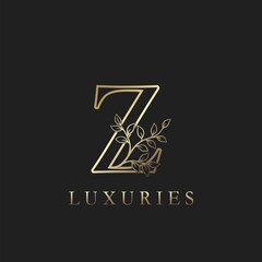 Gold luxury Floral Leaf Initial Letter Z Logo Concept Outline Monogram Ornate Leaves Vector Design