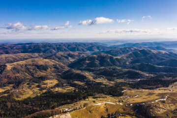 Morning in the mountains. Carpathian Ukraine, Aerial view.