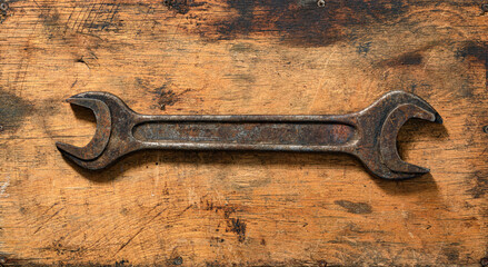 old vintage hand tool - one wrench on a wooden background, object in retro style