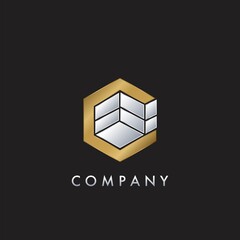 Geometrical Hexagon C Letter with Arrow Up Logo, Elegance Gold and Silver for Apartment Real Estate, Property, hotel and architecture business identity.