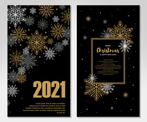 Two side Vertical Merry Christmas and New Year greeting card with beautiful golden snowflakes on black background. Frame with space for text