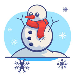 Snowman, snowflakes on white isolated backdrop. Christmas holiday postcard for invitation or gift card, notebook, bath tile, scrapbook. Phone case or cloth print. Flat style stock vector illustration