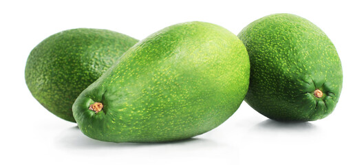 A group of fresh avocados isolated on a white background. Side view