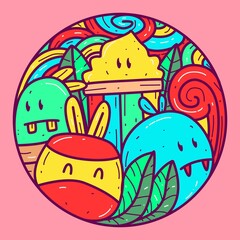 kawaii doodle cartoon monster designs for wallpaper, stickers, coloring books, pins, emblems, logos and more