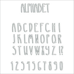 hand drawn alphabet, letters and numbers, vector illustration