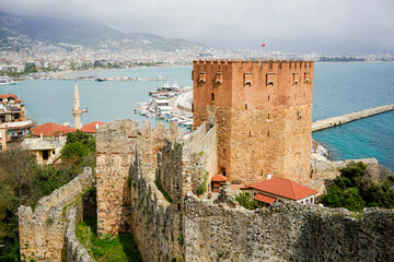 Kızıl Kule (Red octagonal Tower) with Alanya bay in the background