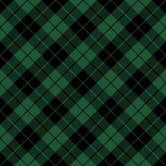 Diagonal tartan Christmas and new year plaid. Scottish pattern in green and black cage. Scottish cage. Traditional Scottish checkered background. Seamless fabric texture. Vector illustration - 391393603