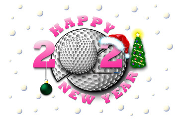 Happy new year 2021 and golf ball with Christmas ball, stick and hat. Creative design pattern for greeting card, banner, poster, flyer, party invitation, calendar. Vector illustration