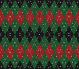 Knitted argyle Christmas and new year pattern. Wool knitinng. Scottish plaid in red, black and green rhombuses. Traditional  background of diamonds. Seamless fabric texture. Vector illustration