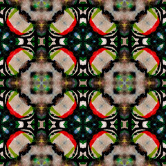 Ethnic Pattern. Abstract Kaleidoscope Design. Black, Green Seamless Texture. Seamless Tie Dye Illustration. Ikat Japanese Print. Ethnic CraftHand Made Pattern.