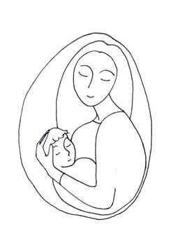 Christmas, mother and child, graphic concept black and white drawing on white background