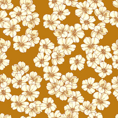 Seamless pattern of pear flowers on a golden ocher background. Design of wrapping paper, printed fabric, napkins.

			