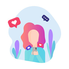 Young pretty Woman using smartphone. Around it - social and media icons