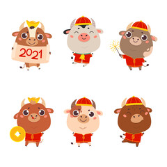 Set of cute cartoon bulls and cows in traditional costume.New year oxen with various festive attributes.Set of holiday animals for the design of calendars,cards,advertising.Vector illustration