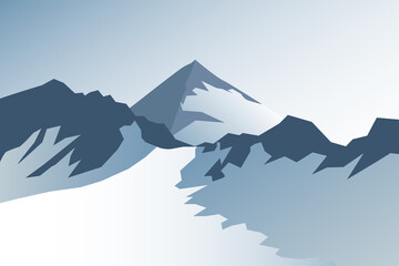 Fototapeta premium Blue vector, morning, mountain landscape, lit by the rays of the rising sun. Wallpaper, banner mountain resort. 
