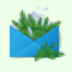 
Mailing envelope with fir branches and snowflakes. New Year card, festive banner. Vector illustration.
