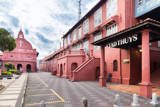 Ancient Dutch colonial buildings Stadthuys means city hall in English are iconic Malacca tourism attractions. No people.