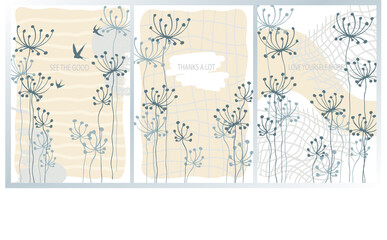 Obraz premium Vector set of 3 abstract backgrounds, patterns with leaves, herbs and motivational inscription. Design for poster, scrapbooking pages, postcards, stories. 