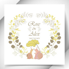 Round floral frame with a decorative wreath of herbs. Garnished with snails under a burdock. Registration of wedding invitations, congratulations, cards.
