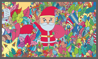 
colorful Christmas background with Santa carrying a gift bag