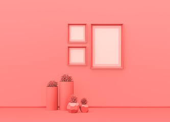 Poster frame mock-up room in flat monochrome pink color with decorative vases, plants and Square and vertical poster frames. Light background with copy space. 3D rendering