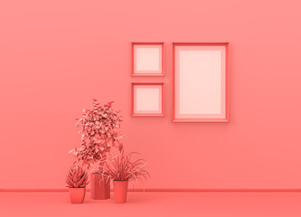 Poster frame mock-up room in flat monochrome pink color with decorative vases, plants and Square and vertical poster frames. Light background with copy space. 3D rendering