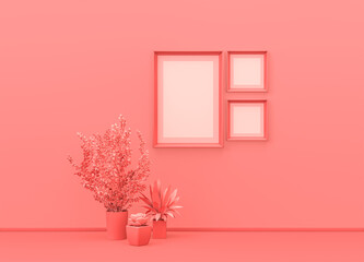 Poster frame mock-up room in flat monochrome pink color with decorative vases, plants and Square and vertical poster frames. Light background with copy space. 3D rendering