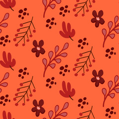 seamless pattern with autumn leaves and flowers warm red