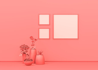 Poster frame mock-up room in flat monochrome pink color with decorative vases, plants and square picture frames. Light background with copy space. 3D rendering